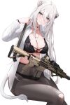  1girl absurdres animal_ear_piercing animal_ears black_bra black_choker black_gloves black_panties blush bra breasts choker cleavage closed_mouth dog_tags gloves grey_eyes gun gun_sling hair_between_eyes highres hololive large_breasts lion_ears lion_girl lion_tail long_hair looking_at_viewer open_clothes open_shirt panties pantyhose shirt shishiro_botan simple_background sitting solo tail torn_clothes torn_pantyhose underwear virtual_youtuber wanne watch weapon white_background white_hair white_shirt wristwatch 