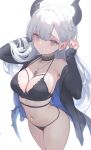  1girl black_bra black_choker black_jacket black_panties bra breasts choker cleavage grey_eyes highres jacket jewelry large_breasts necklace nekojira original panties single_bare_shoulder solo thea_(nekojira) underwear white_hair 