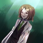  1girl black_jacket brown_eyes brown_hair green_necktie hair_ornament hairpin highres jacket lab_coat limbus_company looking_at_viewer multiple_hairpins necktie project_moon shirt short_hair shrenne_(limbus_company) solo trisia_3 white_shirt 