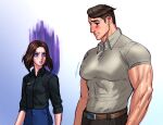  1boy 1girl artist_name bara belt black_hair black_shirt blue_eyes blue_pants blush brown_belt brown_pants carless_(ppanic) closed_mouth collared_shirt grey_shirt large_pectorals looking_at_another muscular muscular_male pants pectorals samsung samsung_sam shirt short_hair 