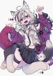  1girl absurdres animal_ears black_skirt colored_tongue hair_between_eyes hair_ornament hands_up highres jikuno medium_hair neckerchief open_mouth original purple_tongue school_uniform skirt solo white_hair white_neckerchief 