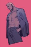  1boy abs bara bare_pectorals character_request copyright_request cropped_legs dark-skinned_male dark_skin from_below frown jacket jacket_on_shoulders large_pectorals male_focus muscular muscular_male navel pectorals pink_background short_hair solo suit_jacket zoo_(oukakumaku) 