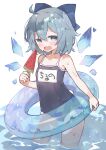  1girl ahase_hino ahoge bare_arms black_one-piece_swimsuit blue_bow blue_eyes blue_hair blue_innertube blush bow cirno commentary_request cowboy_shot flat_chest food hair_between_eyes hair_bow highres holding holding_food holding_popsicle hot ice ice_wings looking_at_viewer melting one-piece_swimsuit open_mouth popsicle school_swimsuit short_hair simple_background solo standing sweat swimsuit touhou wading water watermelon_bar wet white_background wings 