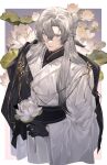  1boy bishounen chinese_clothes code:_kite flower grey_eyes grey_hair half_updo hanfu highres holding holding_flower jacket jacket_on_shoulders kharu11 long_hair lotus male_focus solo upper_body wang_can_(code:kite) white_hair white_lotus 