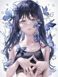  1girl bare_shoulders black_camisole black_hair bug butterfly camisole crop_top crying crying_with_eyes_open grey_eyes highres lace_trim long_hair mhru original parted_lips sleeveless solo tears upper_body water 