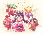  5girls :d ^_^ black_hair blonde_hair blue_eyes blush blush_stickers braid buttons character_request chiimako closed_eyes closed_mouth commentary_request crown double_bun dress fairy fairy_wings flying glasses green_hair green_hairband hair_between_eyes hair_bun hair_ribbon hairband head_scarf kirby_(series) kirby_64 layered_skirt long_sleeves looking_at_viewer multiple_girls open_mouth parted_bangs pink_hair pink_skirt purple_dress purple_eyes red_dress red_headwear red_ribbon red_skirt ribbon ribbon_(kirby) ripple_star_queen round_eyewear shirt short_hair simple_background skirt sleeves_past_fingers sleeves_past_wrists smile twin_braids wavy_mouth white_shirt wide_sleeves wings yellow_background yellow_ribbon 