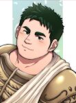  1boy armor bara cape commentary crave_saga feathers gold_armor green_eyes green_hair highres looking_at_viewer male_focus oskn_tengoku shmiel_(crave_saga) simple_background smile thick_eyebrows twitter_username upper_body white_cape 