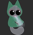  :3 big_eyes cloak clothing domestic_cat drugs felid feline felis gooblie_2 green_cloak green_clothing grey_background grey_body hi_res isaac_(gooblie_ii) male mammal marijuana pink_sclera silly simple_background smile smoke solo tail tongue tongue_out toony young 