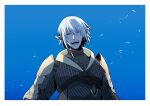  1boy armor blue_background border chainmail closed_eyes earclip elezen elf facing_viewer final_fantasy final_fantasy_xiv hair_between_eyes haurchefant_greystone male_focus nnnmmg0725 open_mouth pointy_ears short_hair shoulder_armor smile solo upper_body white_background white_border 