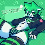  1:1 absurd_res anthro biped bulge clothed clothing crop_top digital_media_(artwork) english_text fur girly green_background green_body green_eyes green_fur green_hair hair hi_res legwear looking_at_viewer lying male midriff nagifur navel on_back open_mouth panties personification shirt simple_background smile smug solo text thick_thighs thigh_highs topwear underwear whatsapp 