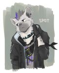  2023 anthro arknights clothing collar ear_piercing eyebrow_piercing facial_piercing fingerless_gloves fur gloves grey_body grey_fur hair handwear hyena hypergryph jacket male mammal multicolored_body multicolored_fur multicolored_hair piercing shirt solo spot_(arknights) spots spotted_body spotted_fur spotted_hyena studio_montagne telefoxity topwear tuft two_tone_body two_tone_fur two_tone_hair 