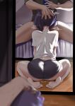  1boy 1girl ass back barefoot blurry breath clothed_sex depth_of_field facing_away feet fellatio from_behind hetero highres holding holding_phone hololive hololive_english implied_fellatio kneeling mirror ninomae_ina'nis ninomae_ina'nis_(loungewear) oral phone purple_hair pussy_juice pussy_juice_drip_through_clothes pussy_juice_puddle redi_(rasec_asdjh) reflection shirt short_hair short_sleeves shorts sitting soles spread_legs steam sweat taking_picture thighs toes virtual_youtuber wariza 