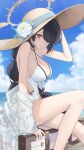  1girl absurdres black_hair blue_archive blush braid braided_ponytail breasts cleavage clothing_cutout criss-cross_halter cross cross_earrings earrings feet_out_of_frame flower hair_over_one_eye halo halterneck hat highres hinata_(blue_archive) hinata_(swimsuit)_(blue_archive) img087 jewelry large_breasts legs long_hair looking_back ocean official_alternate_costume one-piece_swimsuit one_eye_covered red_eyes side_cutout sitting solo sun_hat swimsuit very_long_hair white_one-piece_swimsuit white_swimcap yellow_halo yellow_headwear 