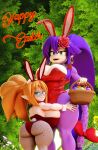 3d_(artwork) absurd_res accessory anthro areola areola_slip basket big_breasts big_butt blender_(software) breasts bunny_costume butt cleavage clothed clothing container costume curvy_figure digital_media_(artwork) duo ear_piercing ear_ring easter easter_basket easter_egg elf embrace eyewear fake_ears fake_rabbit_ears felicia_(tahlian) female female/female flower flower_in_hair freckles fur furgonomics glasses hair hair_accessory haplorhine hi_res holidays hug huge_breasts humanoid humanoid_pointy_ears kiki_(tahlian) looking_at_viewer mammal monkey orange_hair piercing plant ponytail primate purple_hair ring_piercing short_stack side_boob tahlian tail tail_accessory thick_thighs voluptuous wide_hips 
