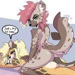 2023 alma_(capaoculta) anthro breasts butt capaoculta cheetah duo ear_piercing english_text eyes_closed felid feline female hi_res hyena industrial_piercing lying mammal nude on_front piercing simple_background speech_bubble spotted_hyena text 