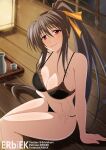  1girl alcohol arm_support arm_under_breasts black_bra black_hair black_panties bra breasts choko_(cup) cleavage closed_mouth commentary cup english_commentary hair_between_eyes hair_ribbon head_tilt high_ponytail high_school_dxd highres himejima_akeno indoors large_breasts long_hair looking_at_viewer minaisu paid_reward_available panties purple_eyes ribbon sitting smile soaking_feet solo thighs tokkuri underwear very_long_hair window wooden_floor yellow_ribbon 