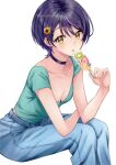  1girl black_hair breasts choker cleavage collarbone denim elbow_rest flower food fruit hair_flower hair_ornament hairclip highres holding_popsicle invisible_chair jeans kiwi_(fruit) kiwi_slice looking_at_viewer medium_breasts midriff_peek open_mouth orange_(fruit) orange_slice original pants popsicle sakunagita shirt short_hair short_sleeves sitting solo strawberry strawberry_slice sunflower_hair_ornament t-shirt yellow_eyes 