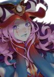  1boy absurdres blue_eyes blue_lips cape clown colored_skin curly_hair demon_boy fate/grand_order fate_(series) fur-trimmed_cape fur_trim hands_on_own_cheeks hands_on_own_face hat headpiece highres long_hair loveyama makeup male_focus mephistopheles_(fate) multicolored_eyes pink_hair purple_eyes simple_background solo teardrop upper_body white_background white_skin 
