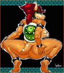  anthro big_breasts big_butt border bowser breasts butt crossgender crouching feet female genitals hair hand_on_butt koopa looking_at_viewer looking_back mario_bros nintendo nipple_piercing nipples nude piercing pussy red_hair scalie shell simple_background solo soulharvest 