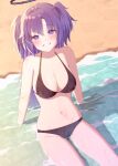  1girl arm_support beach bikini black_bikini blue_archive blush breasts cleavage dopushan feet_out_of_frame groin halo highres looking_at_viewer medium_breasts navel on_ground purple_eyes purple_hair shallow_water sitting smile solo stomach string_bikini swimsuit two_side_up water yuuka_(blue_archive) 