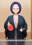  1girl ^_^ absurdres ahoge alternate_costume bath_yukata blue_hair blush breasts cleavage closed_eyes collarbone dark_blue_hair facing_viewer forehead highres hitodama_(madatohi) huge_breasts idolmaster idolmaster_(classic) idolmaster_million_live! indoors japanese_clothes kimono miura_azusa paddle short_hair smile solo sweat table_tennis_net table_tennis_paddle v yukata 