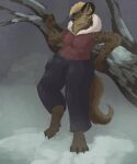  absurd_res anthro clothing digital_media_(artwork) digital_painting_(artwork) digitigrade eye_patch eyewear female fur hi_res huge_filesize hyena jacket leaning leaning_back mammal prehistoric_predation snow solo spots spotted_body spotted_fur topwear 