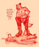  &lt;3 absurd_res ambiguous_gender animal_genitalia anthro armpit_hair belly big_belly bite_mark body_hair boot_worship boots breasts chaps clothing crush deer degradation digitigrade drgoatgorlphd duo fluffy fluffy_tail foot_fetish foot_on_penis foot_play footwear genitals good_girl hi_res hooves hyena laugh leather mammal mocking monochrome painting_(artwork) penis pseudo-penis pubes shed_antlers shoelaces smoking spots spotted_hyena stepped_on tail teeth tongue traditional_media_(artwork) trampling trans_(lore) underhoof watercolor_(artwork) 