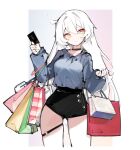  1girl absurdres ahoge bag black_card black_choker black_shorts blue_hoodie choker closed_mouth credit_card error1980 expressionless highres honkai_(series) honkai_impact_3rd hood hood_down hoodie kiana_kaslana kiana_kaslana_(herrscher_of_the_void) long_hair long_sleeves looking_at_viewer o-ring o-ring_strap o-ring_thigh_strap shopping_bag short_shorts shorts skindentation solo thigh_strap very_long_hair white_hair yellow_eyes 