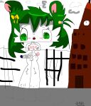  1girl 2023 analog_clock animal_ears bow breasts buck_teeth building clock erection fence flat_color full_body futanari green_eyes green_hair hair_bow highres large_breasts mouse_ears non-web_source nude off-topic open_mouth original outdoors penis ribbon solo tail teeth toon_(style) upper_teeth_only yellow_bow yellow_ribbon 