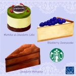  artist_logo artist_name blue_background blueberry cake cake_slice cheesecake chocolate commentary_request copyright_name cream cross-section english_text food food_focus food_name fruit logo no_humans original signature starbucks still_life yuki00yo 