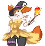  alpha_channel anthro braixen breasts canid clothing eyewear female fire fluffy fluffy_tail fur generation_6_pokemon genitals glasses hand_on_hip hat headgear headwear inner_ear_fluff leg_belt lunabae mammal nintendo nipples pokemon pokemon_(species) pussy round_glasses simple_background solo standing stick tail transparent_background tuft witch_hat yellow_body yellow_fur 