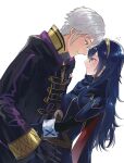  1boy 1girl ameno_(a_meno0) armor belt black_gloves black_robe blue_cape blue_eyes blue_gloves blue_hair brown_belt cape closed_mouth commentary_request fire_emblem fire_emblem_awakening flying_sweatdrops from_side gloves height_difference hetero hood hood_down hooded_robe long_hair long_sleeves looking_at_another lucina_(fire_emblem) pauldrons profile red_cape robe robin_(fire_emblem) robin_(male)_(fire_emblem) short_hair shoulder_armor simple_background tiara two-tone_cape white_background white_hair yellow_eyes 