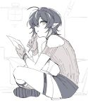  1boy arknights bishounen black_hair crossed_legs full_body gloves jtm_arkn male_focus minimalist_(arknights) monochrome paper pen pointy_ears shoes shorts simple_background sitting solo sweater thighs thinking white_background 