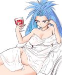  1girl blue_hair breasts chrono_trigger cleavage closed_mouth earrings green_eyes groin hair_intakes jewelry large_breasts long_hair lying mature_female queen_zeal s-a-murai simple_background smile solo very_long_hair white_background 