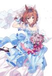  1girl animal_ears arm_up bare_shoulders blue_dress bouquet breasts bridal_veil brown_hair cleavage daiwa_scarlet_(something_blue)_(umamusume) daiwa_scarlet_(umamusume) dress feet_out_of_frame hair_intakes hand_in_own_hair highres holding holding_bouquet horse_ears horse_girl horse_tail jewelry layered_dress long_hair looking_at_viewer migolu necklace open_mouth petals red_eyes small_breasts smile solo tail tiara umamusume veil white_background 