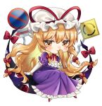  1girl blonde_hair blush bow breasts chibi cleavage closed_mouth dress elbow_gloves folded_fan folding_fan frilled_dress frilled_sleeves frills gap_(touhou) gloves hair_between_eyes hair_bow hand_fan hat hat_ribbon holding holding_fan kirisita long_hair mob_cap purple_dress red_bow red_footwear red_ribbon ribbon road_sign shoes short_sleeves sidelocks sign simple_background smile solo touhou white_background white_gloves white_headwear yakumo_yukari yellow_background 