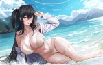  1girl arm_up azur_lane beach bikini black_hair blue_sky breasts cleavage cloud commentary day english_commentary highres horizon large_breasts long_hair looking_at_viewer lying mountain navel ocean official_alternate_costume on_side one_side_up pulled_by_self red_eyes shirt sky smitcuk solo stomach strap_pull swimsuit taihou_(azur_lane) taihou_(seaside_daydreams)_(azur_lane) thigh_strap thighs tongue tongue_out very_long_hair water wet white_bikini white_shirt 