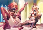  2girls absurdres anus arms_up black_gloves black_mask blonde_hair blurry blurry_background blush breasts censored chest_jewel commentary_request commission core_crystal_(xenoblade) dress elbow_gloves gloves heart heart-shaped_pupils highres hitachi_magic_wand indoors kaer_sasi_dianxia knee_up large_breasts leg_up legs long_hair mask mosaic_censoring mouth_mask multiple_girls mythra_(xenoblade) nipples no_shoes object_insertion pantyhose pussy pyra_(xenoblade) red_eyes red_hair red_thighhighs restrained rolling_eyes second-party_source sex_toy shibari short_dress short_hair sitting soles spread_legs squatting swept_bangs symbol-shaped_pupils thighhighs tiara tiptoes toes torn_clothes torn_dress torn_pantyhose torn_thighhighs two-tone_gloves vaginal vaginal_object_insertion vibrator white_dress white_gloves xenoblade_chronicles_(series) xenoblade_chronicles_2 yellow_eyes 