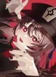  1girl black_nails brown_hair chinese_clothes dekitateomoti flower-shaped_pupils genshin_impact hat hat_ornament highres hu_tao_(genshin_impact) jewelry long_sleeves looking_at_viewer open_mouth porkpie_hat red_eyes red_shirt ring shirt sidelocks simple_background symbol-shaped_pupils 