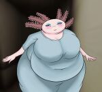  amphibian anthro axolotl big_breasts black_eyes blue_bottomwear blue_clothing blue_eyeshadow blue_topwear blush blush_lines bottomwear breasts cleavage clothed clothing eyelashes eyeshadow female front_view gown hi_res hospital_room huge_breasts looking_at_viewer makeup marine mole_salamander navel_outline overweight overweight_female pink_bosy salamander_(amphibian) smile solo tammy_giles_(tvc) the_vermander_curse thick_thighs topwear vasedraws wide_hips zed_technician_games 