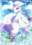  blue_flower blue_sky blurry blurry_background bow closed_mouth cloud cloudy_sky commentary_request commission day depth_of_field flower furry kou_hiyoyo looking_at_viewer mienshao no_humans outdoors pink_flower pokemon pokemon_(creature) purple_bow purple_eyes skeb_commission sky smile solo tail tail_bow tail_ornament 
