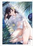  1girl artist_name barefoot black_hair border bow bow_panties breasts collared_shirt copyright cup drinking_glass drinking_straw flower foot_out_of_frame green_eyes hair_behind_ear hair_between_eyes hair_flower hair_ornament hammock hand_in_own_hair hand_on_own_thigh highres legs long_hair long_sleeves looking_at_viewer lying navel on_back open_mouth original ouri_(aya_pine) outdoors panties partially_unbuttoned ribbon see-through shirt small_breasts solo teeth thighs underwear upper_teeth_only water white_border white_panties white_ribbon white_shirt 