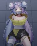 1girl arms_behind_back bike_shorts blue_hair blurry blurry_background bow-shaped_hair breasts bt_(3212637) character_hair_ornament commentary_request crying eyelashes gag gagged grey_pantyhose hair_ornament highres improvised_gag iono_(pokemon) jacket long_hair multicolored_hair pantyhose pokemon pokemon_(game) pokemon_sv purple_hair raised_eyebrows sex_toy single_leg_pantyhose star_(symbol) star_print tape tape_gag tears thigh_strap twintails two-tone_hair vibrator yellow_jacket 