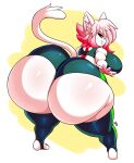  absurd_res anthro big_butt butt clothing domestic_cat felid feline felis female fur hair hi_res huge_butt hyper hyper_butt kirbot12 legwear looking_at_viewer looking_back looking_back_at_viewer mammal pink_hair solo thick_thighs thigh_highs white_body white_fur 