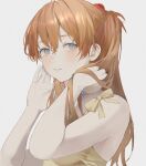  1girl bare_arms bare_shoulders blue_eyes bow breasts hands_in_hair highres jenmin12 long_hair looking_at_viewer neon_genesis_evangelion orange_hair parted_lips simple_background small_breasts solo souryuu_asuka_langley upper_body white_background yellow_bow 