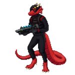  anthro armor beret big_tail clothing dewclaw digital_media_(artwork) digitigrade energy_weapon eyewear gloves gun handwear hat headgear headwear horn laser_gun lizard male nanotrasen partheo pixel_(artwork) ranged_weapon red_body red_scales reptile scales scalie security_guard shoeless smile smirk solo space_station_13 sunglasses tail topwear vest weapon xil-bar 