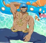  1boy abs absurdres anchor_necklace archie_(pokemon) arm_up armpits bandana bara beard black_eyes blue_bandana bodysuit brown_hair bulge chain_belt commentary dark-skinned_male dark_skin english_commentary facial_hair feet_out_of_frame highres huntail jewelry large_pectorals lying male_focus mature_male muscular muscular_male navel necklace nipples on_back paid_reward_available partially_submerged pectorals pokemon pokemon_(creature) pokemon_(game) pokemon_oras short_hair solo_focus somindul spread_legs stomach thick_thighs thighs topless_male wetsuit 