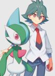  1boy belt belt_buckle bright_pupils buckle closed_mouth collared_shirt commentary_request gallade green_hair hair_between_eyes holding holding_poke_ball male_focus necktie pants poke_ball poke_ball_(basic) pokemon pokemon_(anime) pokemon_(creature) pokemon_journeys purple_eyes red_necktie rinto_(pokemon) shirt smile undershirt white_pupils white_shirt wusagi2 