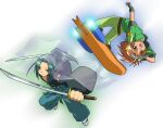  2boys blue_eyes closed_mouth fingerless_gloves full_body gloves green_eyes green_hair green_jacket green_pants high_ponytail jacket japanese_clothes long_hair looking_at_viewer male_focus multiple_boys official_style open_mouth orange_hair pants samurai_soul sanjou_kairi short_hair short_sleeves shugo_chara! skateboard sky_jack souma_kuukai take_no_ko v 