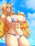  1girl abs absurdres bare_shoulders barghest_(fate) barghest_(swimsuit_archer)_(fate) barghest_(swimsuit_archer)_(final_ascension)_(fate) beach bikini blonde_hair blue_sky blush breasts cleavage fate/grand_order fate_(series) green_eyes heterochromia highres horns large_breasts long_hair multicolored_bikini multicolored_clothes muscular muscular_female navel open_clothes open_shirt red_eyes shirt sky solo swimsuit thick_thighs thighs todding wet white_bikini yellow_shirt 